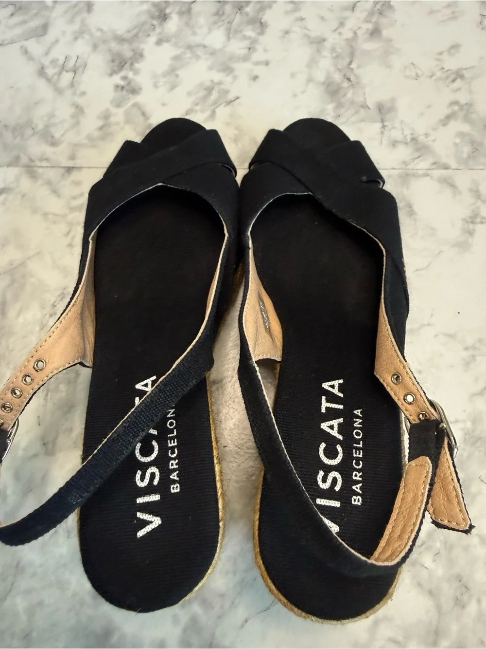Viscata Barcelona Black Crisscross Espadrille Wedge Sandals Sz 8 1/2 made Spain